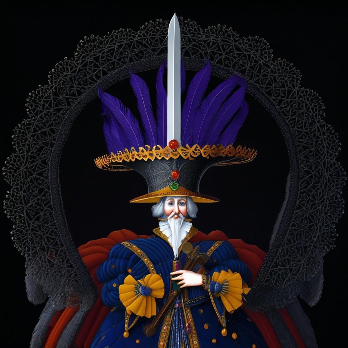 mwilks,  a fantastical,  comical character resembling a jester or court fool set against a solid black background by Jorgi...