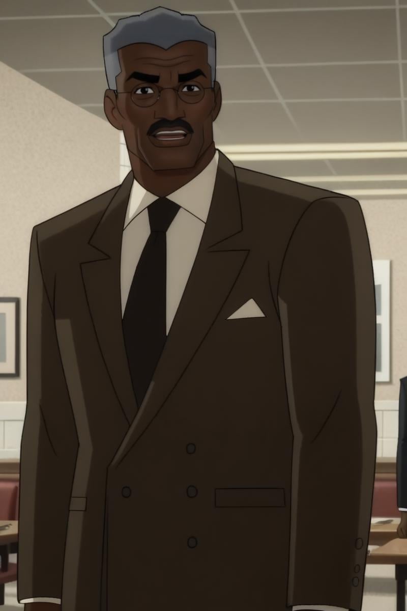 Jim_Gordon, 1boy, male, grey hair, mustache, dark skin, dark-skinned male, solo, looking at viewer, smile, short hair, open mouth, shirt, jacket, white shirt, upper body, male focus, necktie, glasses, collared shirt, indoors, dark skin, black eyes, facial hair, formal, dark-skinned male, suit, black necktie<lora:EMS-446526-EMS:1.000000>