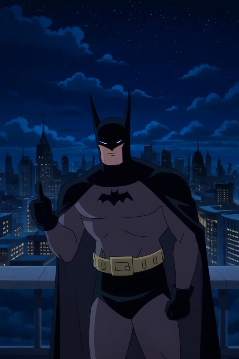 Bat_man, 1boy, male, Batman, solo, gloves, male focus, outdoors, sky, black gloves, belt, cloud, cape, bodysuit, mask, night, building, night sky, black cape, superhero, bat ears, grey bodysuit, at the city, thumbs up<lora:EMS-446526-EMS:1.000000>