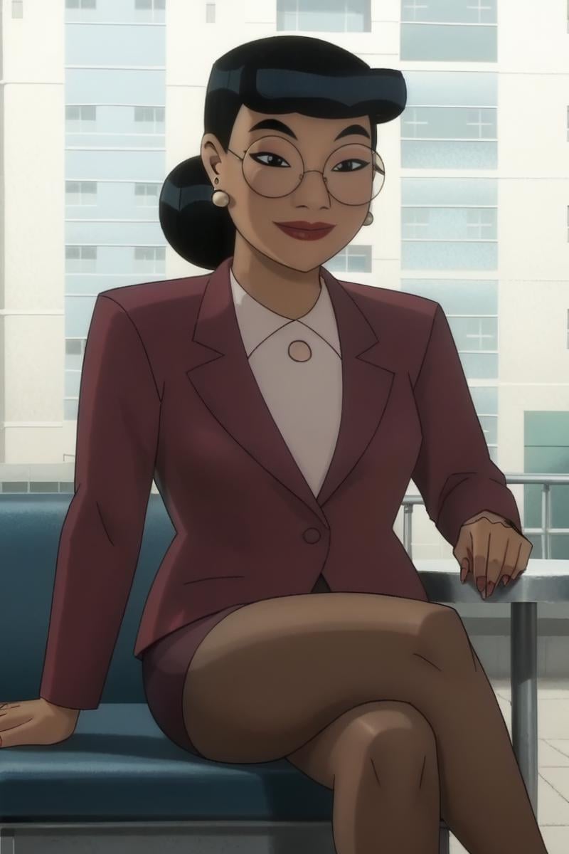 Doc_Quinzel, 1girl, female, solo, smile, shirt, black hair, jewelry, jacket, white shirt, upper body, earrings, glasses, hair bun, makeup, formal, suit, lipstick, round eyewear, sitting, crossed legs<lora:EMS-446526-EMS:1.000000>