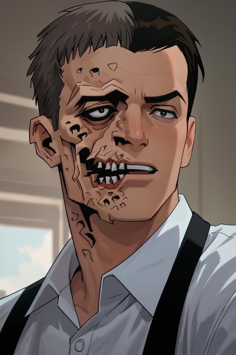 Two_Face, 1boy, male, solo, short hair, open mouth, shirt, black hair, white shirt, male focus, teeth, collared shirt, black eyes,score_9,score_8_up,score_7_up<lora:EMS-446526-EMS:1.000000>