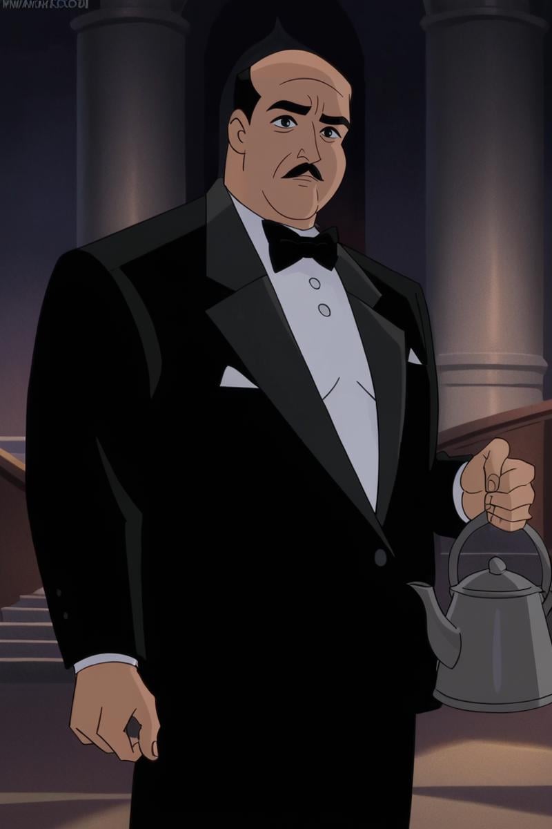 Alfred_Penny, 1boy, male, solo, simple background, shirt, black hair, 1boy, bow, , male focus, bowtie, black eyes, black bow, facial hair, formal, thick eyebrows, suit, mustache, at a mansion, holding a kettle<lora:EMS-446526-EMS:1.000000>