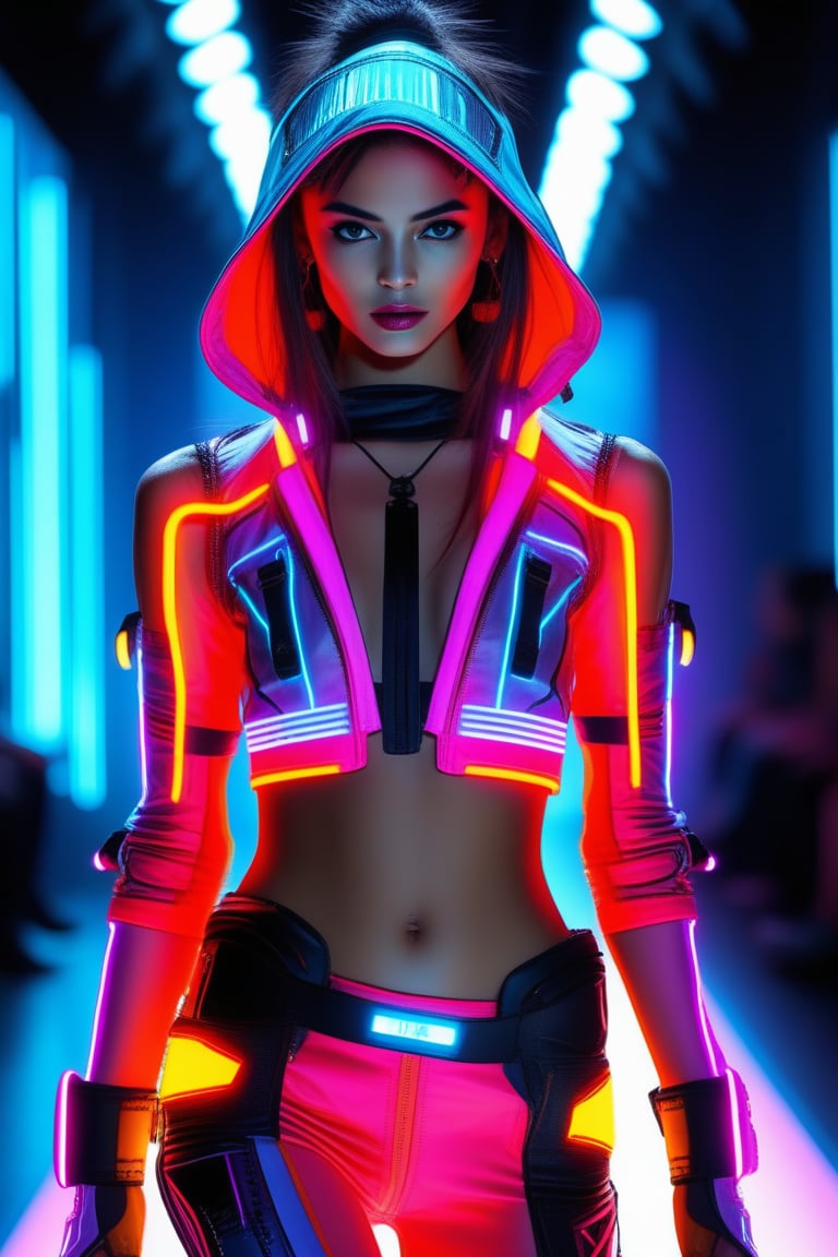 Cyberpunk Fashion Model: neon runway, glowing attire, futuristic accessories, sci-fi, cyber elements, urban fashion show, digital patterns, stylish pose, high-tech chic.
