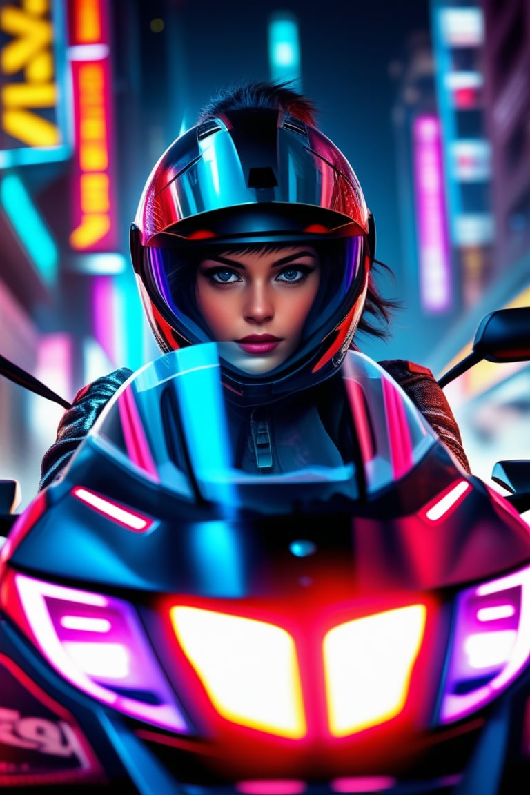 Cyberpunk Street Racer Girl: neon-lit streets, glowing vehicle, futuristic helmet, sci-fi, cyber elements, urban race, intense focus, sleek design, high-speed