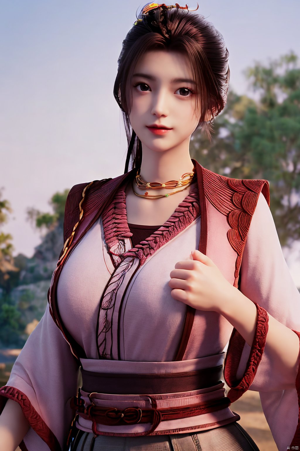 masterpiece,(best quality),(makeup),official art, extremely detailed cg 8k wallpaper,((crystalstexture skin)), (extremely delicate and beautiful),(highly detailed),(1girl), (solo), (jewelry), (earrings),(long_hair),(black_hair),(hair_ornament),(handwear),(breasts),(standing),(braided_hair:1.000),,(upper_body),((dress,skirt)),(multicolored_clothes),(multicolored_dress),(chinese_clothes),(adapted_costume),((closed_mouth)),(sleeves),,(sunshine, outdoor),((looking_at_viewer)),((Facing the camera)),Xzhouxiaohuan,(big breasts:1.53)