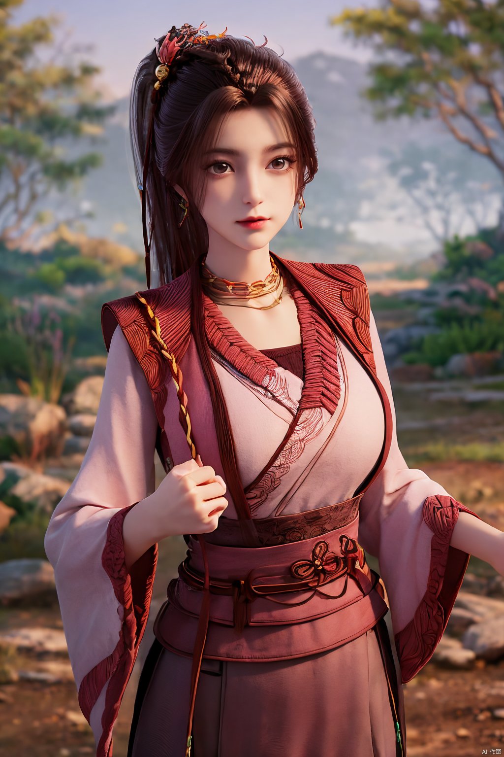 masterpiece,(best quality),(makeup),official art, extremely detailed cg 8k wallpaper,((crystalstexture skin)), (extremely delicate and beautiful),(highly detailed),(1girl), (solo), (jewelry), (earrings),(long_hair),(black_hair),(hair_ornament),(handwear),(breasts),(standing),(braided_hair:1.000),,(upper_body),((dress,skirt)),(multicolored_clothes),(multicolored_dress),(chinese_clothes),(adapted_costume),((closed_mouth)),(sleeves),,(sunshine, outdoor),((looking_at_viewer)),((Facing the camera)),Xzhouxiaohuan,(big breasts:1.53)