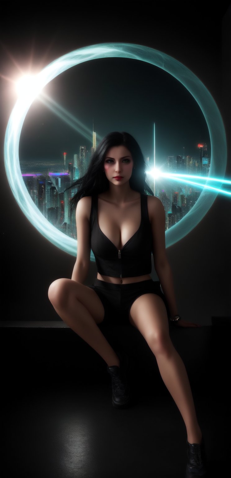 (masterpiece), 1girl, holographic interface, cyberpunk, hacker, medium black hair, green eyes, magic circle, hologram, terminal, holographic computer, light particles, light rays, futuristic setting, Sitting on the edge of a building, 


Her expression a mix of defiance and exhilaration. ,HologramCzar,Girl,photorealistic