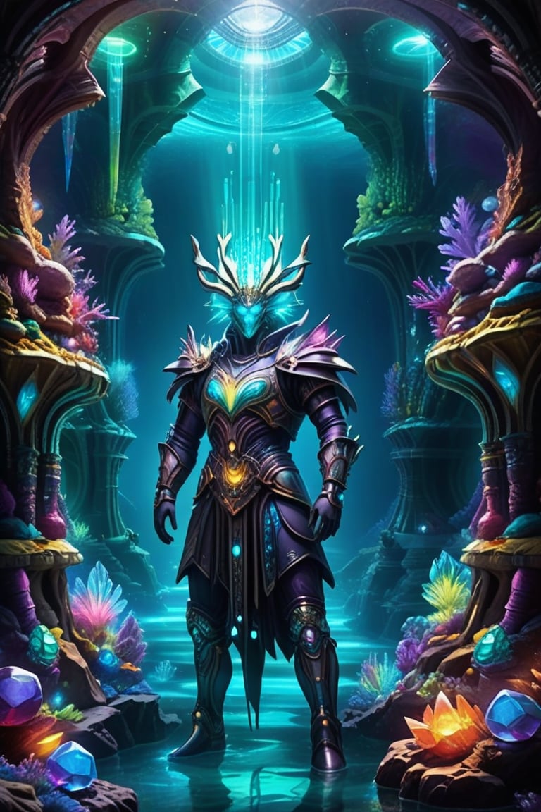 Prompt: Crystal Cavern Guardian: A half-body view of a guardian in ornate, crystalline armor, standing within a submerged cavern, walls encrusted with shimmering gems, and glowing minerals, with crystal-clear waters reflecting a mesmerizing, kaleidoscope of colors, creating a fantasy-like underwater realm.

,
