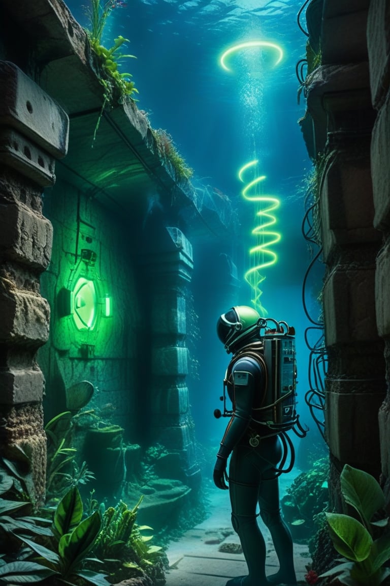 Prompt: A diver's helmeted head peers out from the murky water, surrounded by the crumbling remnants of an alien civilization. The air hose wraps around their torso like a mechanical umbilical cord. To the left, eerie green tendrils of luminescent plants writhe across ancient stone walls, illuminated by glowing symbols that pulse with an ethereal energy. The diver's gaze is fixed on the ruins, as if deciphering secrets from the depths.,
