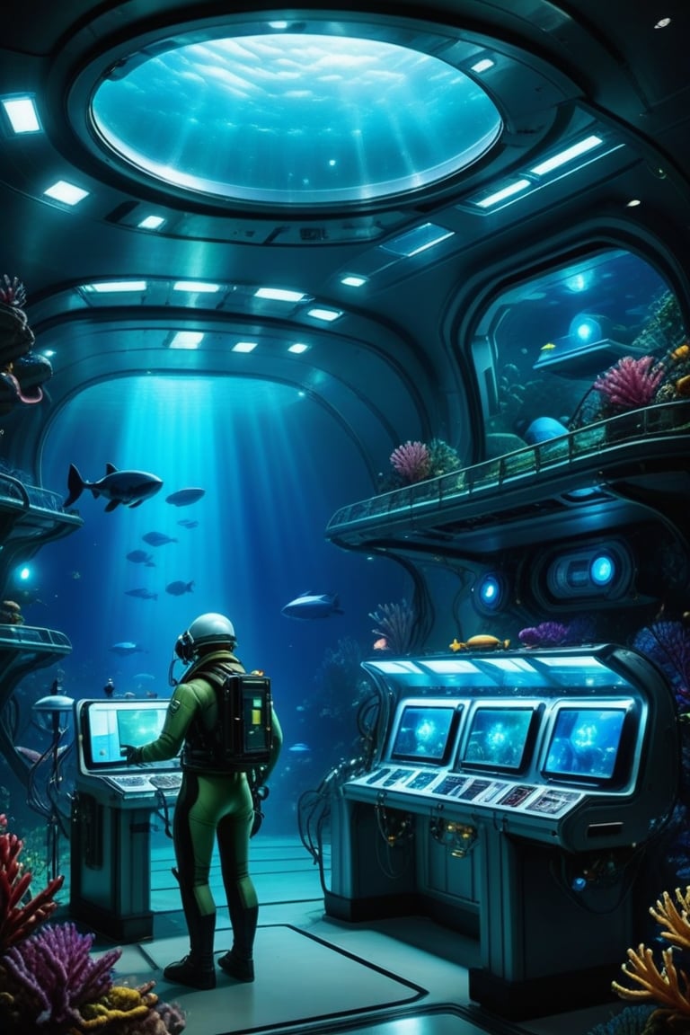 Prompt: Deep Sea Researcher: A researcher, in a sleek, modern diving suit, surrounded by the glowing, deep-sea environment, collecting data from a futuristic, underwater device, with bioluminescent organisms, and strange, underwater creatures adding to the mysterious, yet awe-inspiring, scene,
