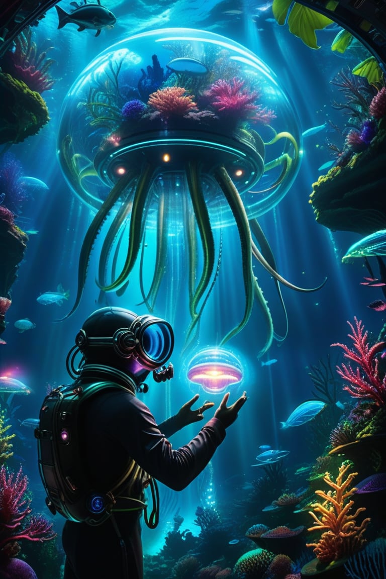 Diver's hand grasping a glowing orb on an underwater holographic screen, surrounded by neon-lit kelp forests and schools of iridescent fish. Futuristic jellyfish pulsate in the distance, as a giant squid's ethereal tentacles unfurl behind. The diver's helmet glows with an otherworldly light, illuminating the alien landscape.,
