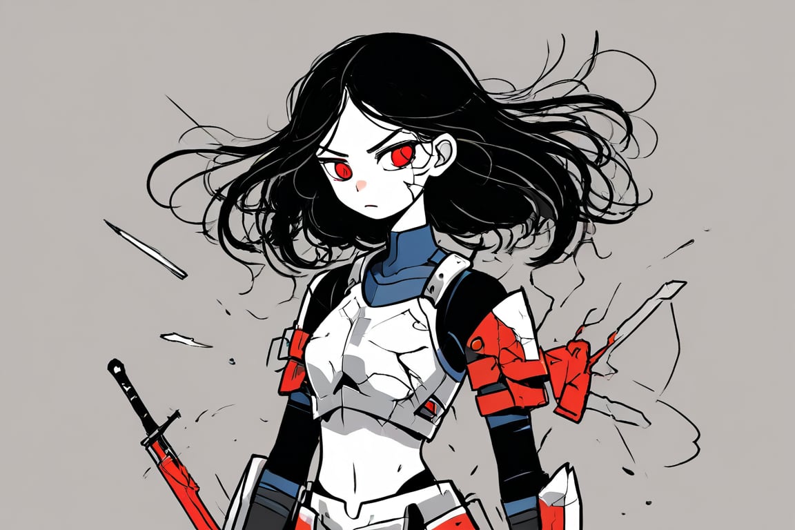 1girl,potrait, solo, black hair, pale skin, red eyes, broken armor,daiton style