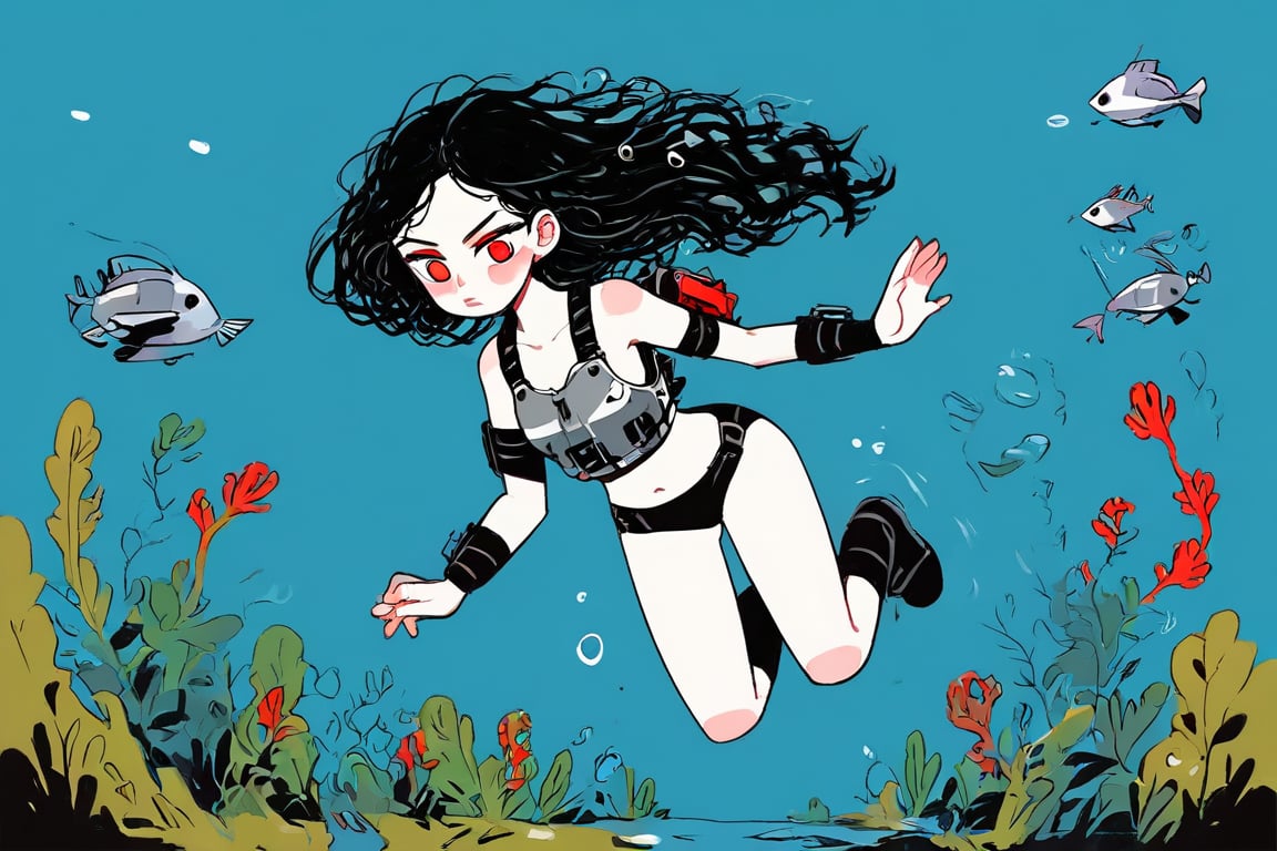 1girl, underwater, solo, black hair, pale skin, red eyes, military armor,daiton style