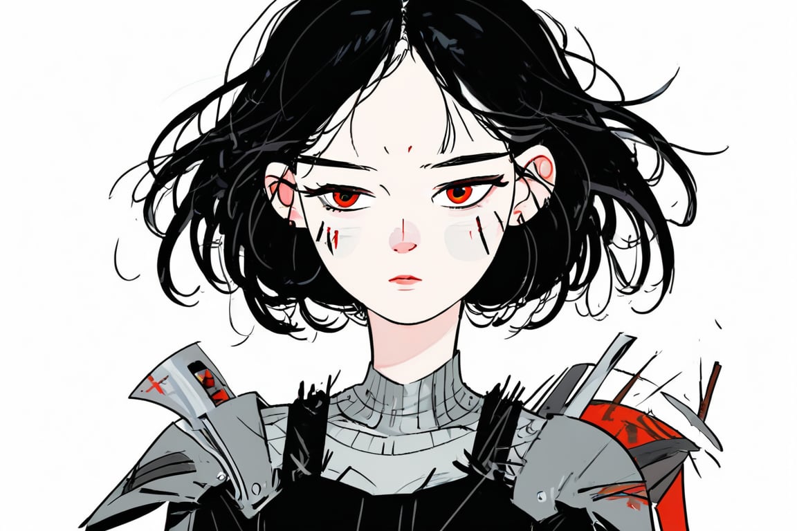 1girl,potrait, solo, black hair, pale skin, red eyes, broken armor,daiton style