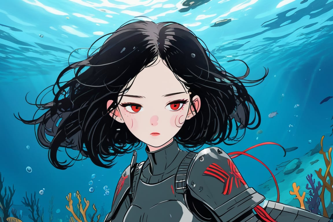 1girl, underwater, solo, black hair, pale skin, red eyes, military armor,daiton style