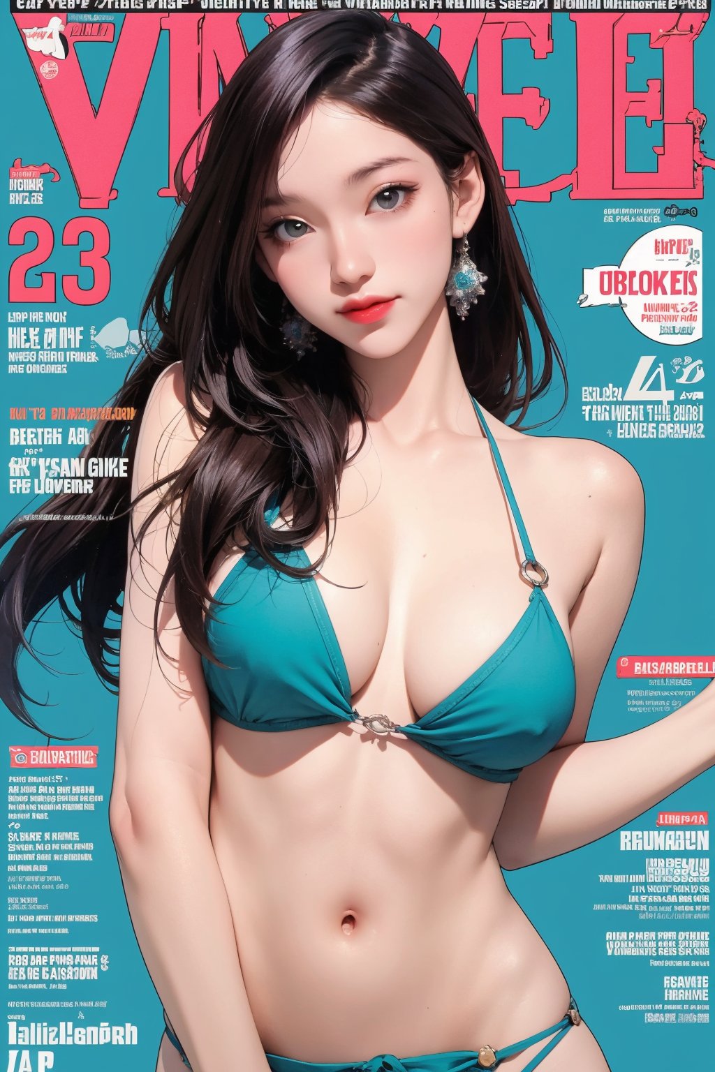 1girl, long hair, styled clothes, bikini, looking at viewer, detailed clothes, earrings, magazine cover, best quality, masterpiece, sea theme, haoulz