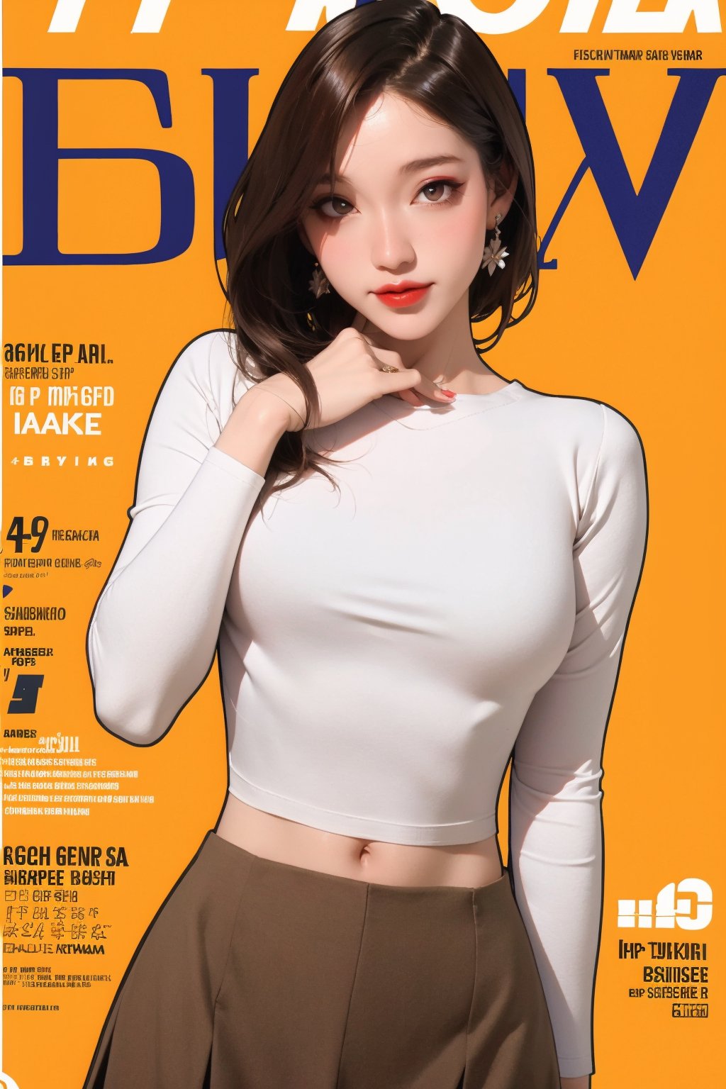 school girl outfit, 1girl, thigh up body, standing, cutout clothes, styled shirt, skirt, midriff, looking at viewer, earrings, eyewear, brown hair, makeup, eyeliner, magazine cover, best quality, masterpiece, hakil