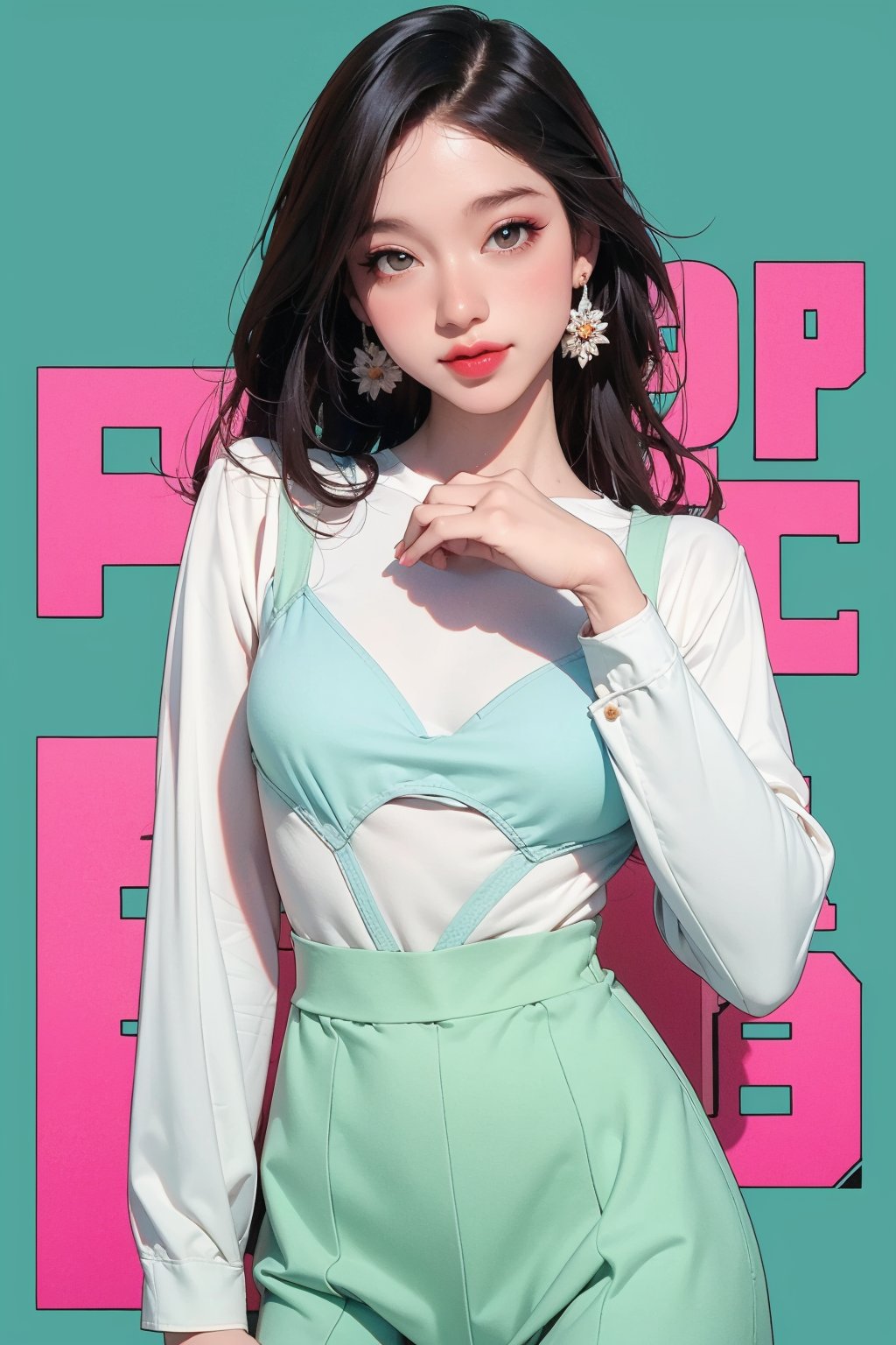 ((both hands down,)) colorful school girl outfit, 1girl, hip up body, standing, cutout clothes, transparent shirt, looking at viewer, earrings, makeup, thick eyeliner, blue eyelens, magazine cover, green background, best quality, masterpiece, hakil