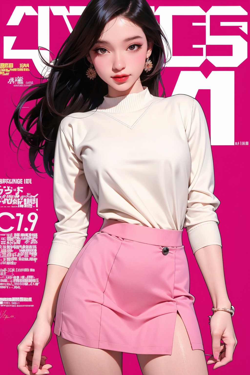 school girl outfit, 1girl, thigh up body, cutout clothes, styled shirt, skirt, looking at viewer, standing, detailed clothes, earrings, makeup, eyeliner, magazine cover, best quality, masterpiece, hakil