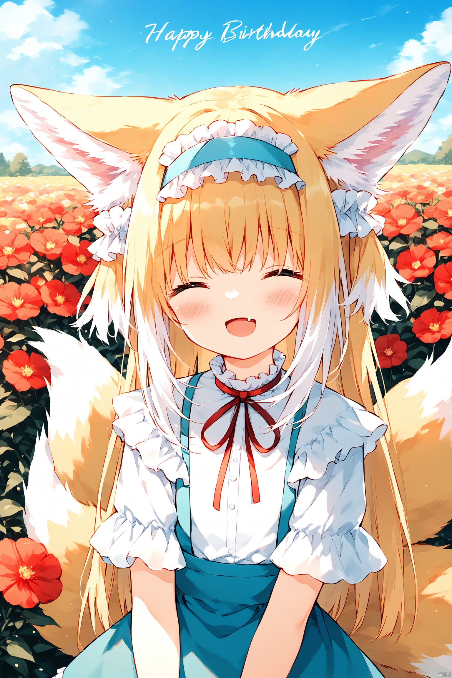 1girl, solo, long hair, blush, smile, open mouth, bangs, blonde hair, shirt, ribbon, animal ears, tail, closed eyes, white shirt, upper body, flower, white hair, :d, multicolored hair, hairband, outdoors, frills, sky, day, fang, dated, red ribbon, animal ear fluff, fox ears, neck ribbon, ^ ^, fox tail, red flower, fox girl, happy birthday, blue hairband, frilled hairband, kitsune, suzuran \(arknights\)