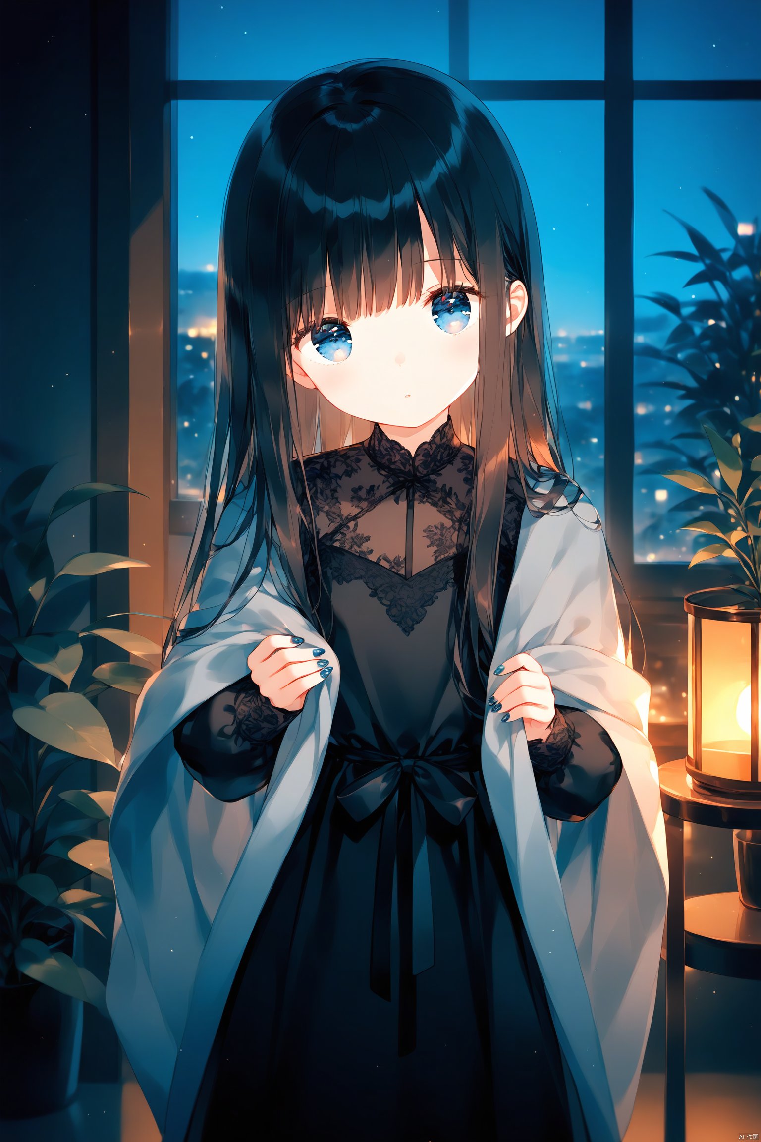 1girl, solo, long hair, looking at viewer, bangs, blue eyes, brown hair, black hair, long sleeves, dress, holding, closed mouth, standing, cowboy shot, parted lips, indoors, nail polish, blurry, black dress, shiny hair, head tilt, hands up, window, night, plant, straight hair, shawl