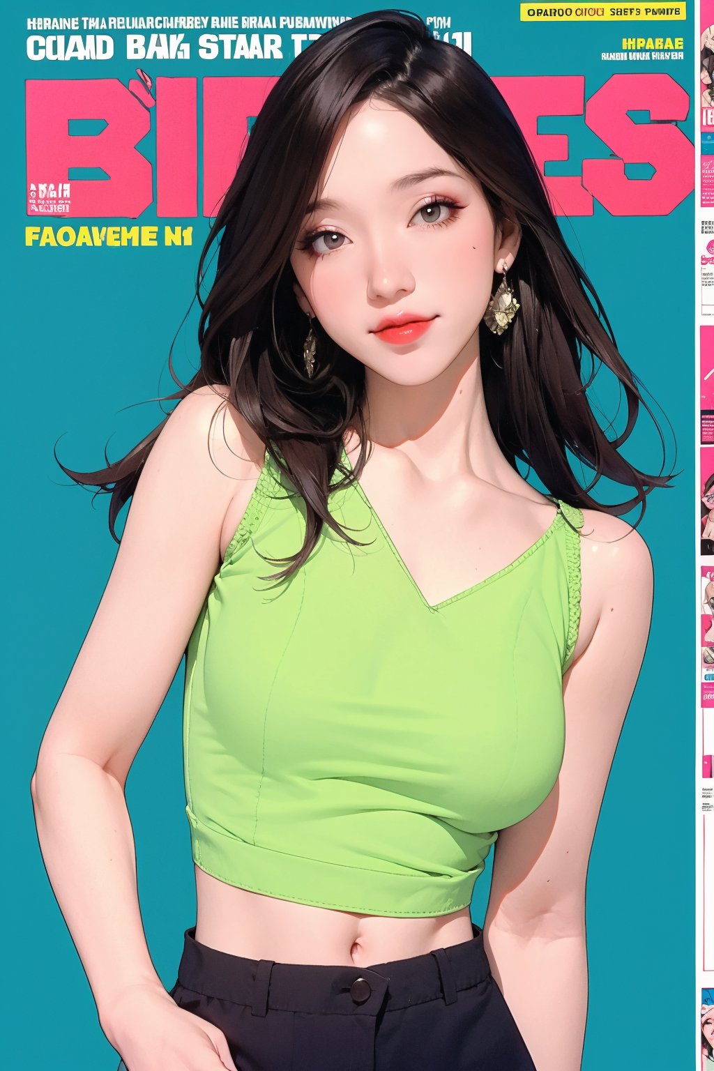 colorful school girl outfit, 1girl, hip up body, standing, cutout clothes, transparent shirt, looking at viewer, earrings, makeup, thick eyeliner, blue eyelens, magazine cover, green background, hakil