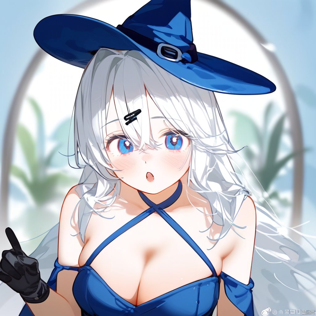  1girl, solo, best quality, striped background, parted lips, blue eyes, white hair, very long hair, bangs, cleavage, black gloves, black dress, witch hat, off-shoulder dress, bare shoulders, black headwear