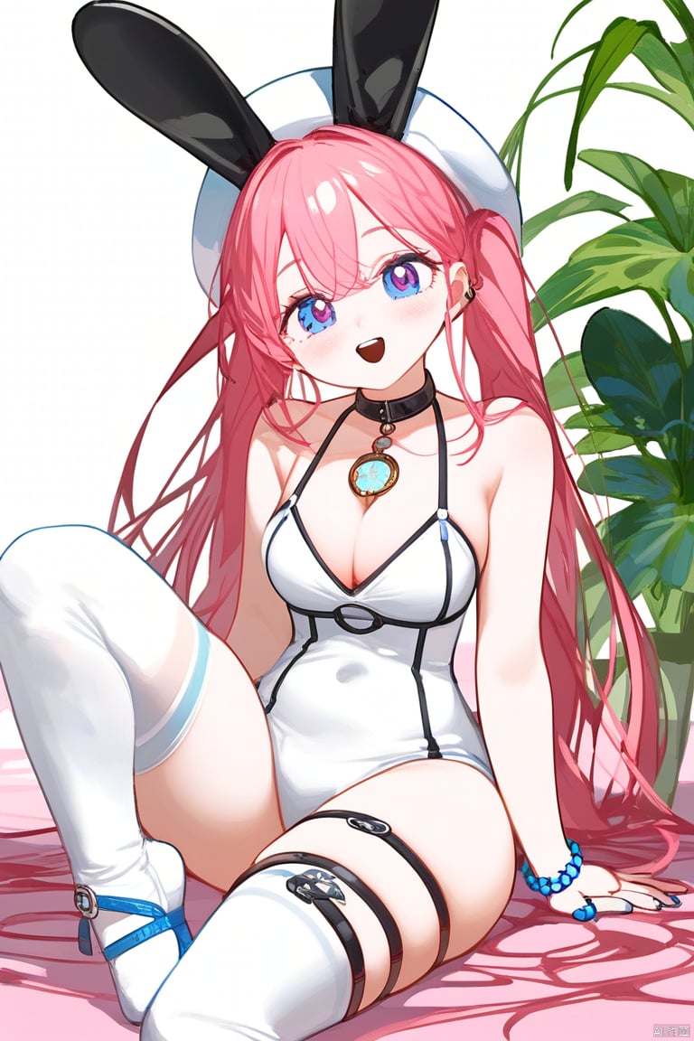 animal ears, breasts, thighhighs, bikini, swimsuit, , rabbit ears, blush, long hair, looking at viewer, 1girl, pink hair, ,  white hair, , visor cap, multicolored hair, teeth, gradient hair, bracelet, kneeling, jewelry, , medium breasts, white thighhighs, solo focus, clenched teeth, 