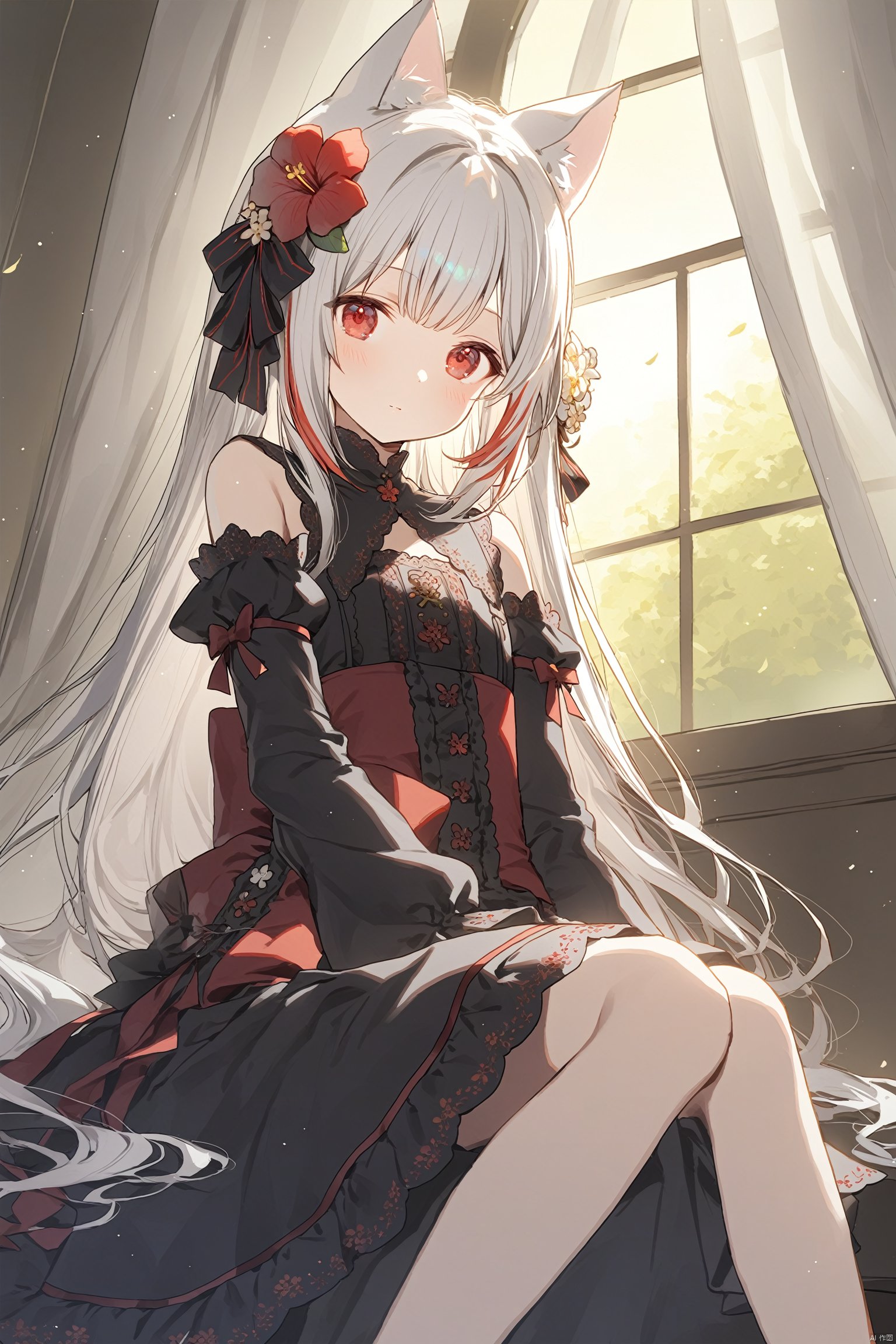 1girl, solo, long_hair, hair_ornament, dutch_angle, white_hair, animal_ears, sitting, long_sleeves, red_eyes, flower, hair_flower, window, watermark, black_hair, dress, detached_sleeves, curtains, feet_out_of_frame, multicolored_hair