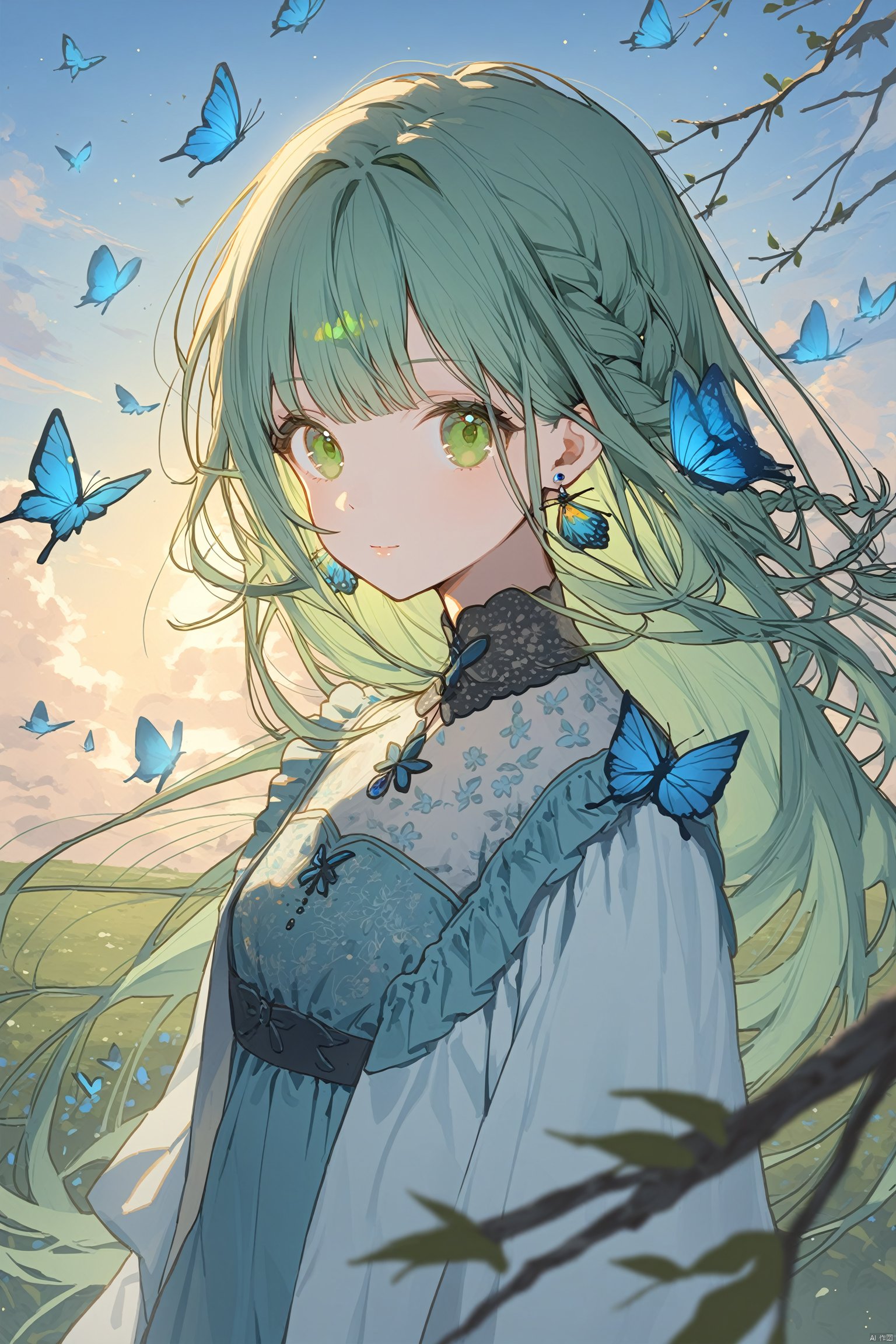 1girl, bird, long_hair, solo, butterfly, bug, sky, earrings, looking_at_viewer, nail_polish, braid, blue_butterfly, jewelry, cloud, outdoors, dress, branch, green_eyes, upper_body