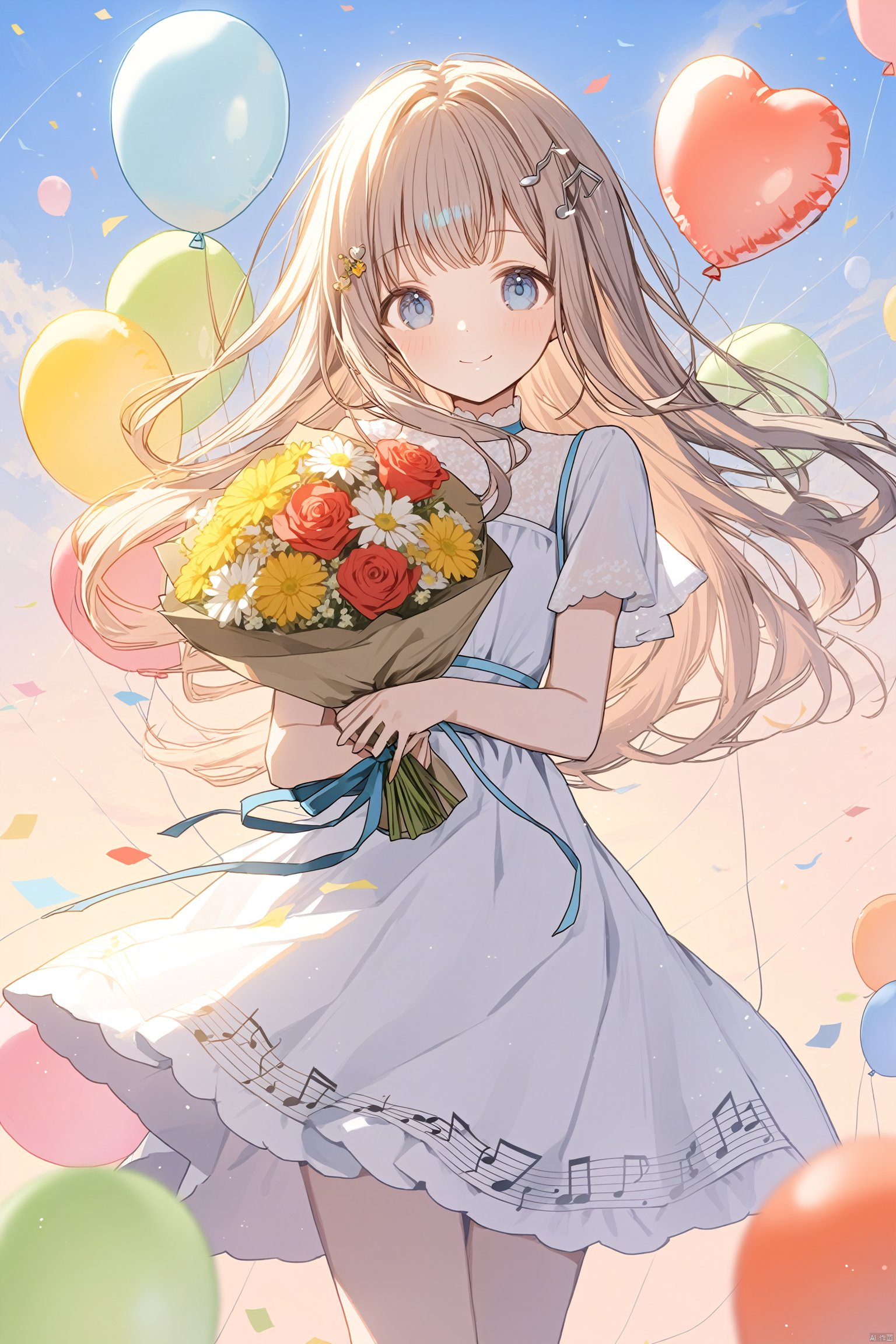 1girl, solo, musical_note, dress, blue_eyes, flower, white_dress, smile, balloon, heart_balloon, long_hair, hair_ornament, looking_at_viewer, bouquet