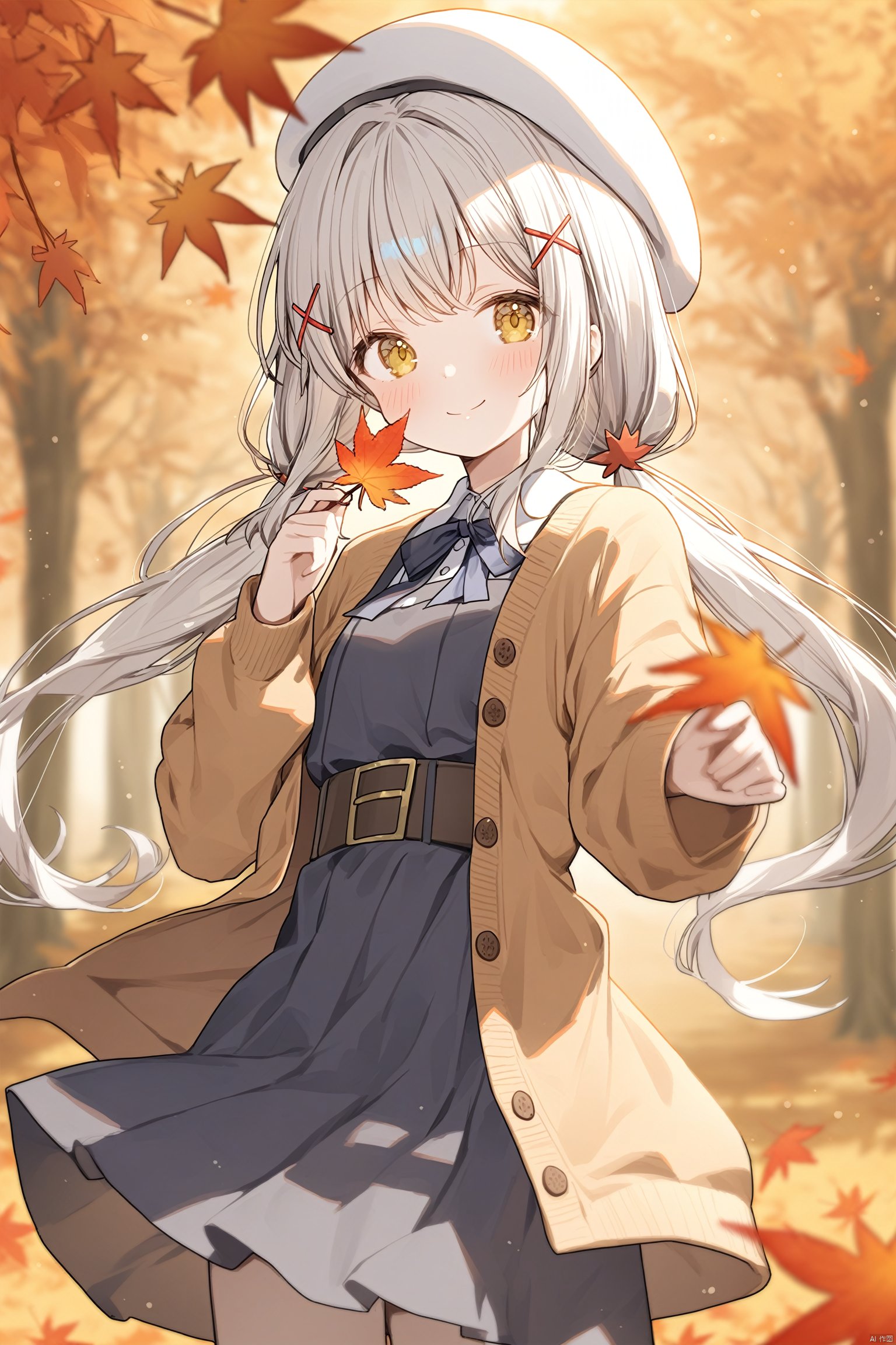 1girl, autumn leaves, solo, dress, maple leaf, hair ornament, long hair, leaf, black dress, hat, twintails, smile, holding, blurry, looking at viewer, x hair ornament, long sleeves, autumn, white headwear, yellow eyes, sleeveless dress, holding leaf, closed mouth, open clothes, pinafore dress, sleeveless, white hair, blurry foreground, beret, blush, depth of field, low twintails, belt, open cardigan, blurry background, cardigan, outdoors, sidelocks, standing