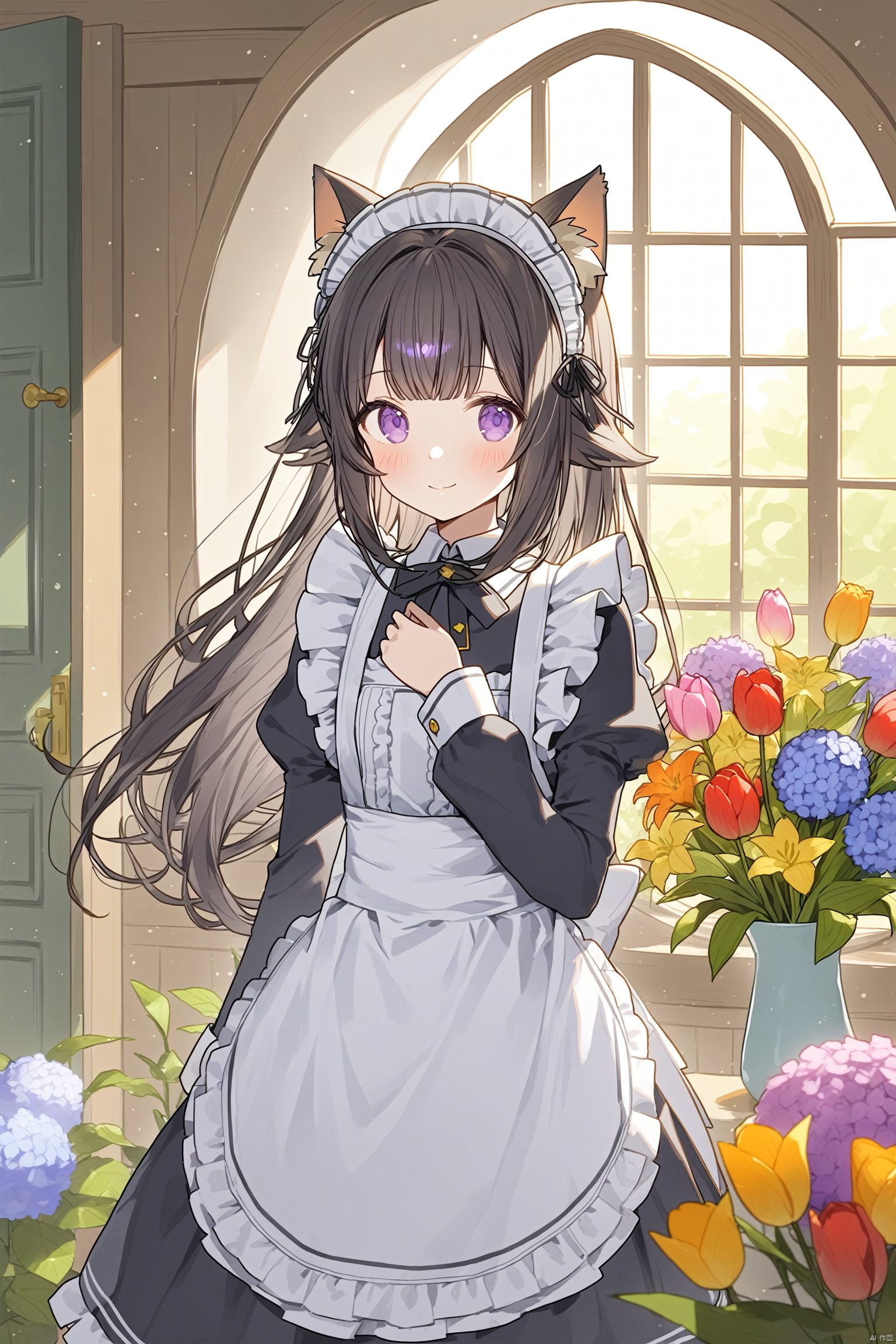 1girl, animal_ear_fluff, animal_ears, apron, bangs, black_flower, black_hair,long hair, blue_flower, blush, bouquet, cat_ears, closed_mouth, daisy, door, eyebrows_visible_through_hair, flower, flower_field, hand_on_own_chest, hand_up, holding_bouquet, holding_flower, hydrangea, indoors, juliet_sleeves, lily_\(flower\), long_sleeves, maid, maid_headdress, orange_flower, pink_flower, plant, potted_plant, puffy_sleeves, purple_eyes, purple_flower, red_flower, rose, round_window, shirt, smile, solo, standing, tulip, vase, white_apron, white_flower, white_rose, white_shirt, window, yellow_flower