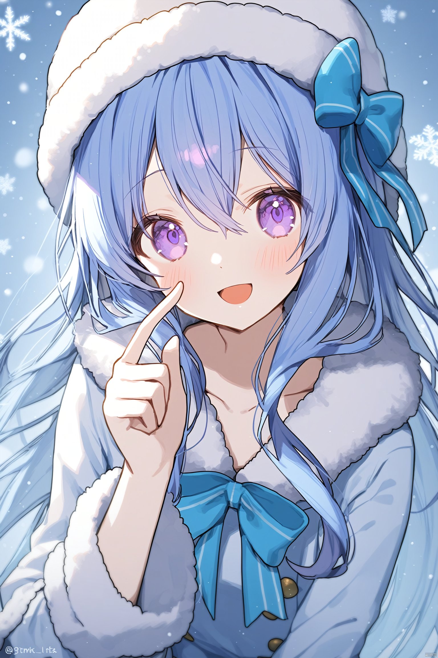 1girl, solo, smile, white headwear, hat, :d, long hair, blue hair, snowflakes, hair between eyes, bow, index finger raised, depth of field, looking at viewer, long sleeves, blurry, fur trim, hand up, fur-trimmed sleeves, twitter username, blush, purple eyes, upper body, hair bow, fur-trimmed headwear, collarbone, open mouth