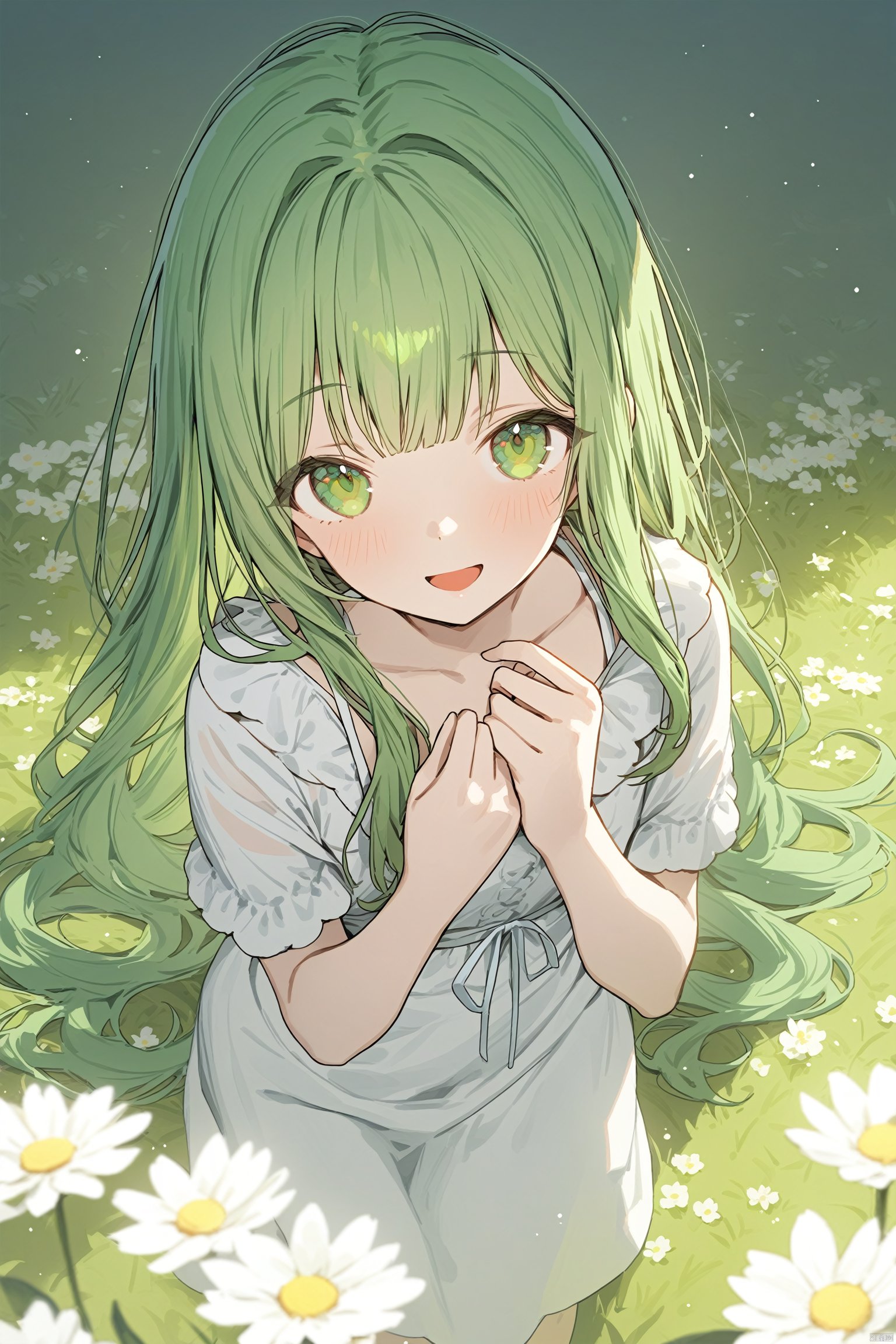 (best quality),(masterpiece),1girl, flower,white dress, solo, green hair, long hair, smile, open mouth, looking at viewer, bangs, white flower, green eyes,
