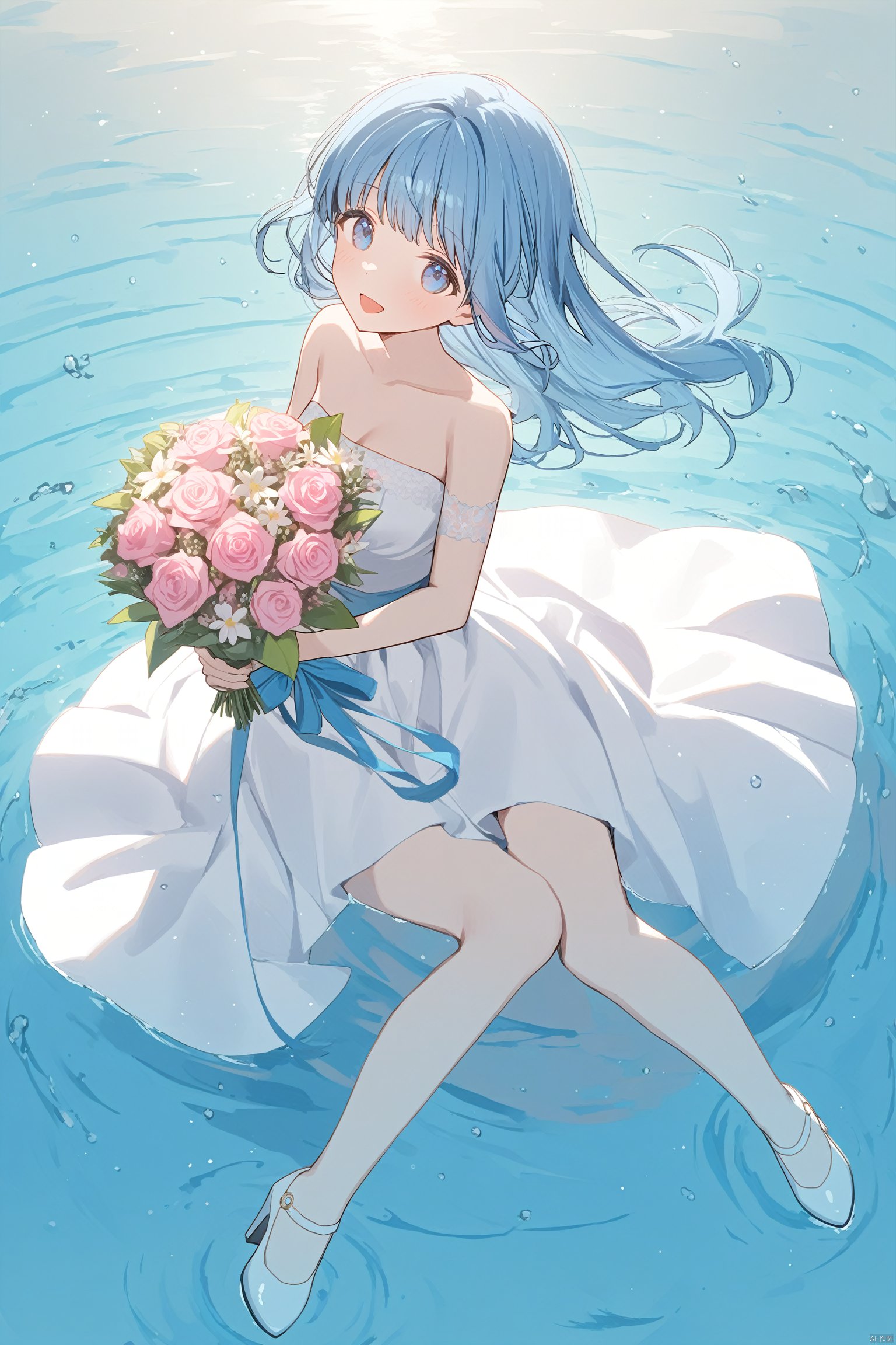 1girl, solo, dress, blue_eyes, flower, bouquet, blue_hair, pink_flower, smile, open_mouth, water, white_dress, strapless, breasts, rose, pink_rose, bare_shoulders, bare_legs, holding, high_heels, full_body, looking_at_viewer, strapless_dress