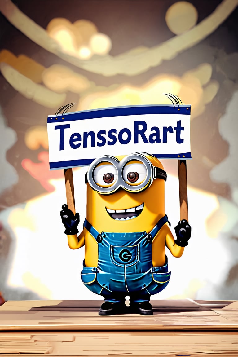 a minion , masterpiece,(holding up a sign with the word "TensorArt":1.8), epic background, positive emotional,
