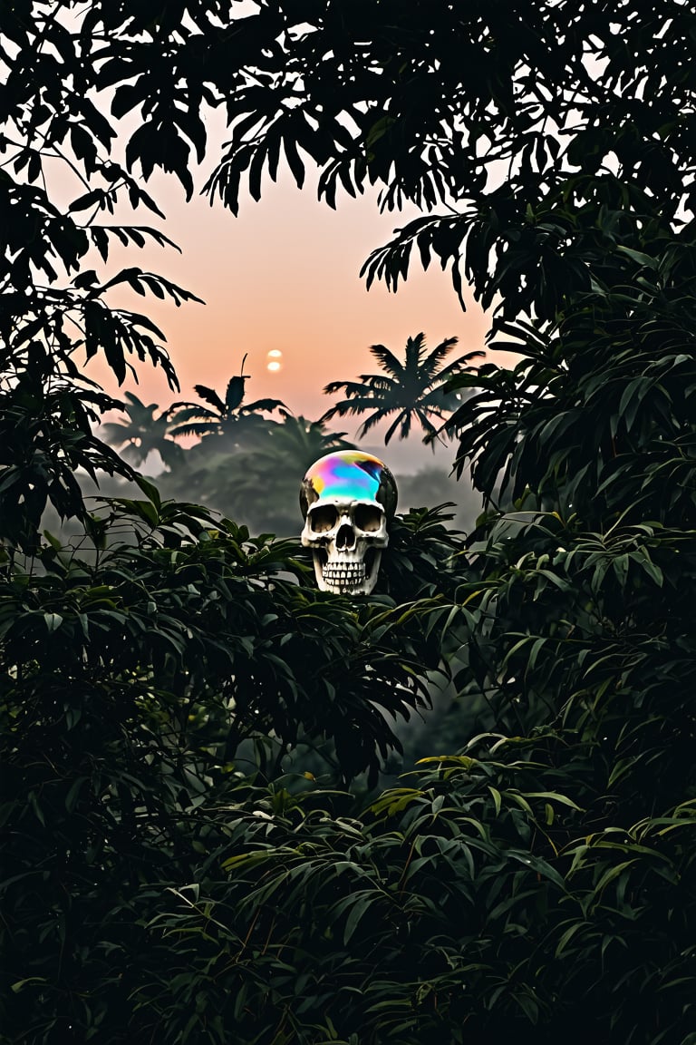 analog film photo A massive iridescent crystal Mexican skull towers over a lush jungle canopy at sunset. The skull's facets catch the fading golden light, scattering a kaleidoscope of colors across the verdant foliage below. Exotic birds with vibrant plumage perch on the skull's crown, while vines and orchids grow from its eye sockets. A hidden Mayan temple peeks through the mist in the background. . faded film, desaturated, 35mm photo, grainy, vignette, vintage, Kodachrome, Lomography, stained, highly detailed, found footage
