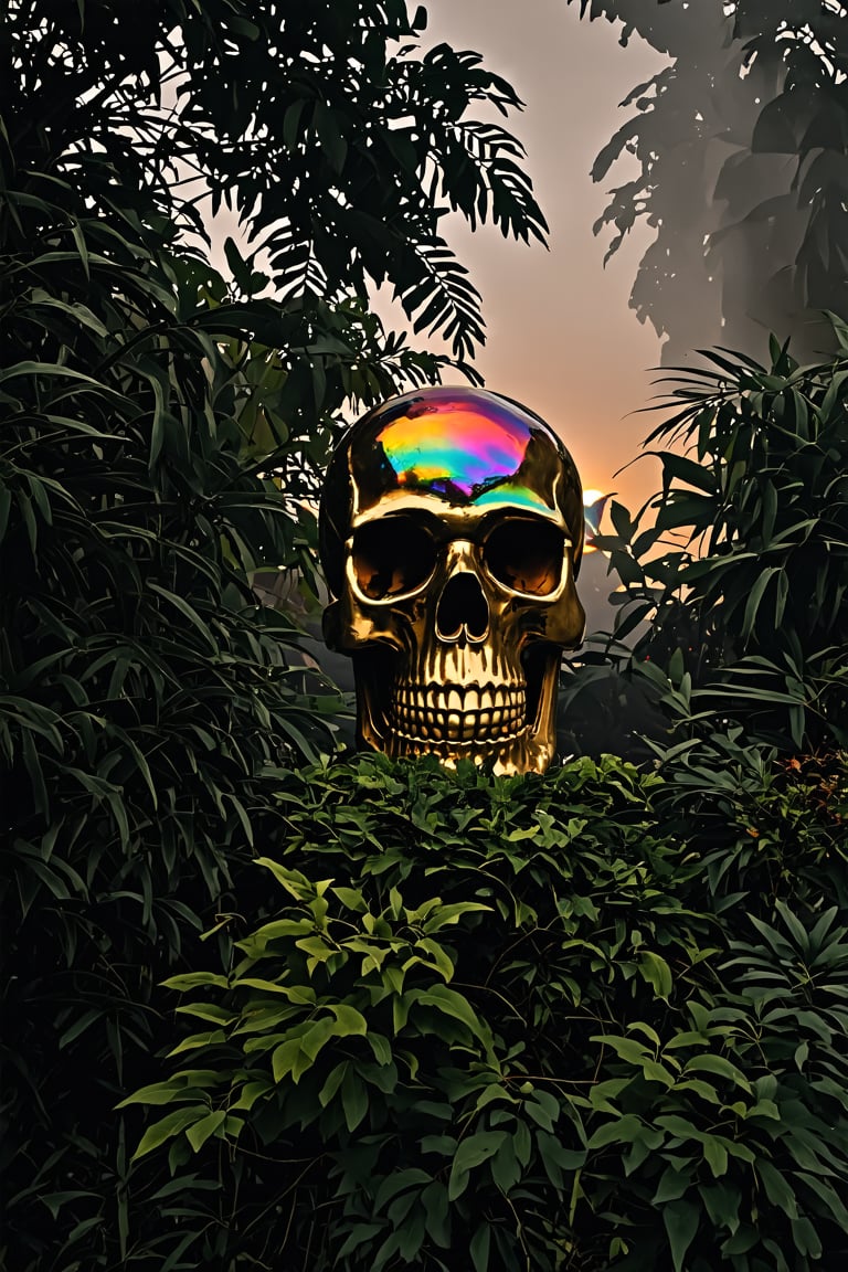 analog film photo A massive iridescent crystal Mexican skull towers over a lush jungle canopy at sunset. The skull's facets catch the fading golden light, scattering a kaleidoscope of colors across the verdant foliage below. Exotic birds with vibrant plumage perch on the skull's crown, while vines and orchids grow from its eye sockets. A hidden Mayan temple peeks through the mist in the background. . faded film, desaturated, 35mm photo, grainy, vignette, vintage, Kodachrome, Lomography, stained, highly detailed, found footage
