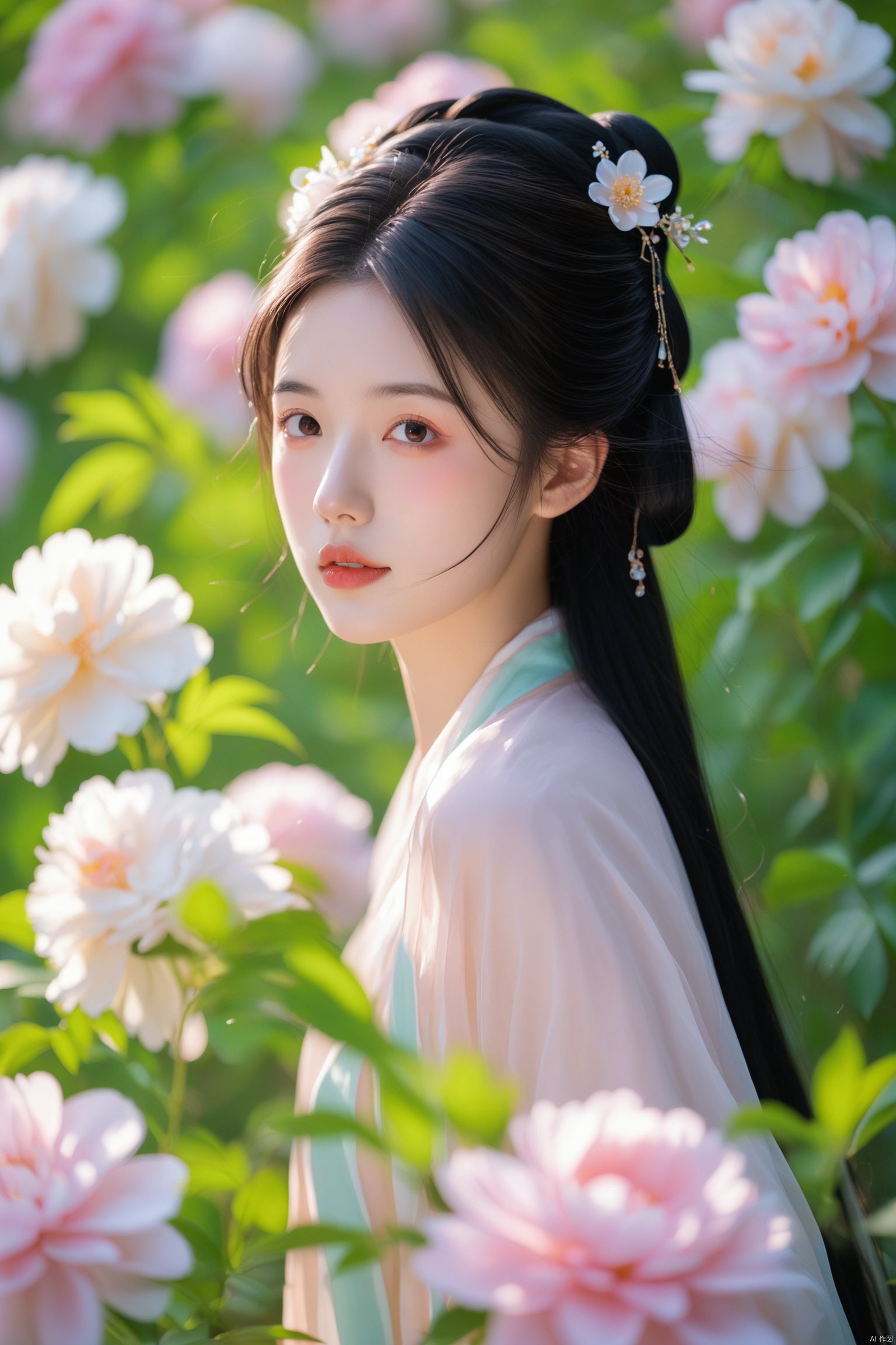 1girl, solo, long hair, looking at viewer, blush, black hair, hair ornament, upper body, flower, parted lips, hair flower, blurry, lips, realistic