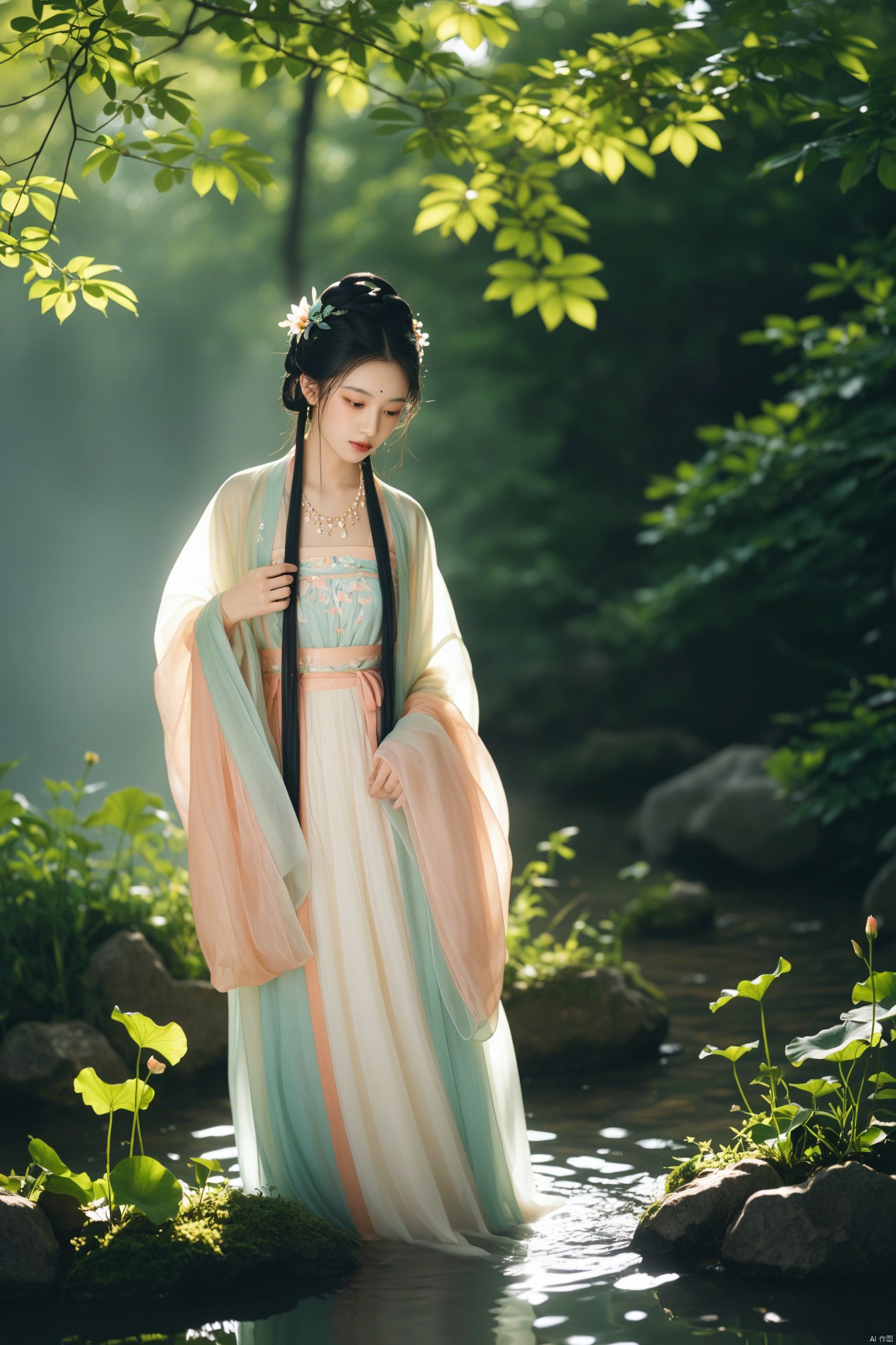 1girl, solo, long hair, black hair, hair ornament, long sleeves, dress, holding, jewelry, standing, flower, hair flower, wide sleeves, water, necklace, hair bun, leaf, chinese clothes, plant, wading, rock, hanfu

