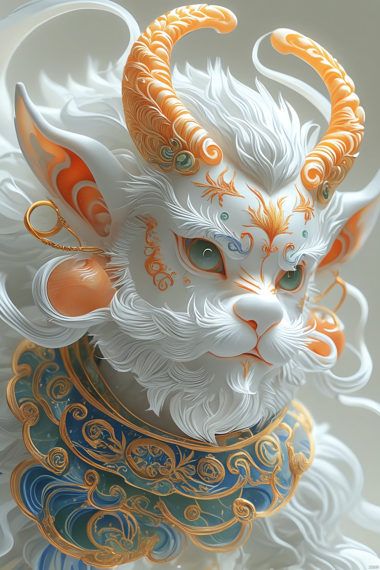 A strange beast , Full of hair , a human-like face , There are big ears on the head , The head and horns of Dahuang are very huge , The ears are covered with magical patterns , It is a magical epic , realistic rendering , and high details