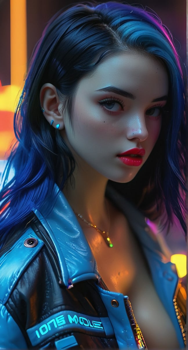 1girl, (((solo, long hair, looking at viewer, black hair, blue hair, jacket, upper body, mole, blurry, from side, 1_girl, lips, realistic, nose, cyberpunk, neon lights)))