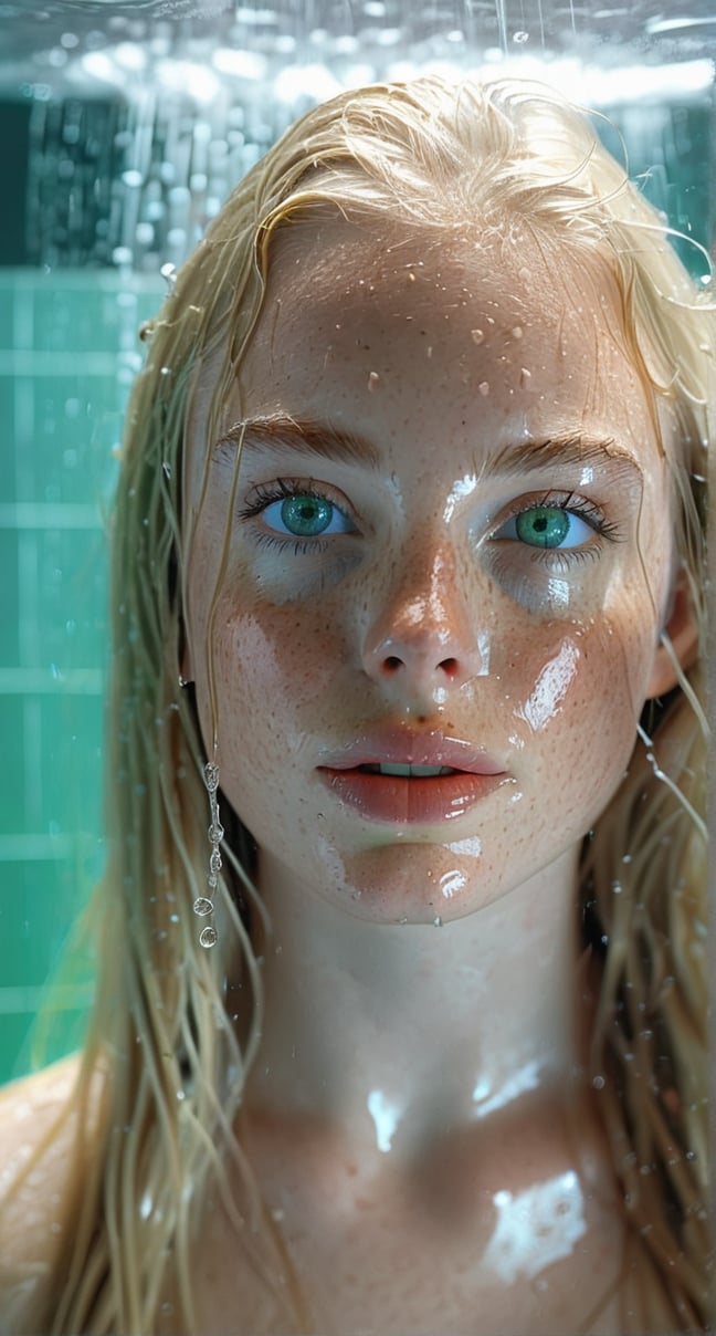 1girl, solo, (((long hair, looking at viewer, blue eyes, blonde hair, closed mouth, green eyes, water, lips, wet, freckles, realistic, nose, wet hair, showering))))