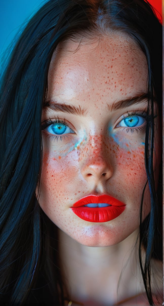 1girl, solo, (((long hair, looking at viewer, blue eyes, black hair, parted lips, lips, makeup, portrait, freckles, red lips, colorful, abstract)))