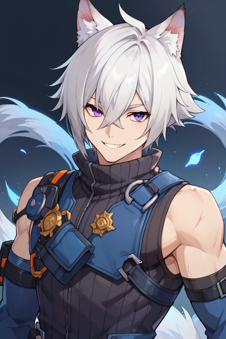 score_9,score_8_up,score_7_up,score_6_up,score_5_up,score_4_up,source_anime, BREAK,1boy, solo, focus male, Seth_Lowell, short hair, hair between eyes, white hair, purple eyes, wolf ears, long tails, sleeveless_shirt, gloves, elbow_gloves, leg harness, long pants, black boots, upper body, bright skin, smile, looking_at_viewer