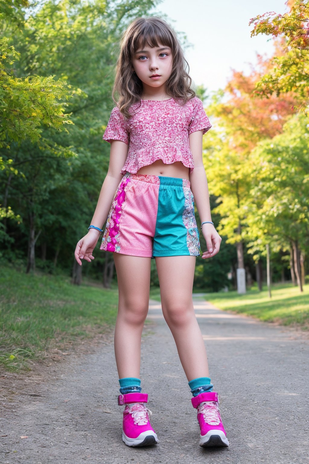 full body view of a 11yo alluring tween girl in colorful childish clothing. (Beautiful face, 8K, HDR, Masterpiece, Hyperrealistic)