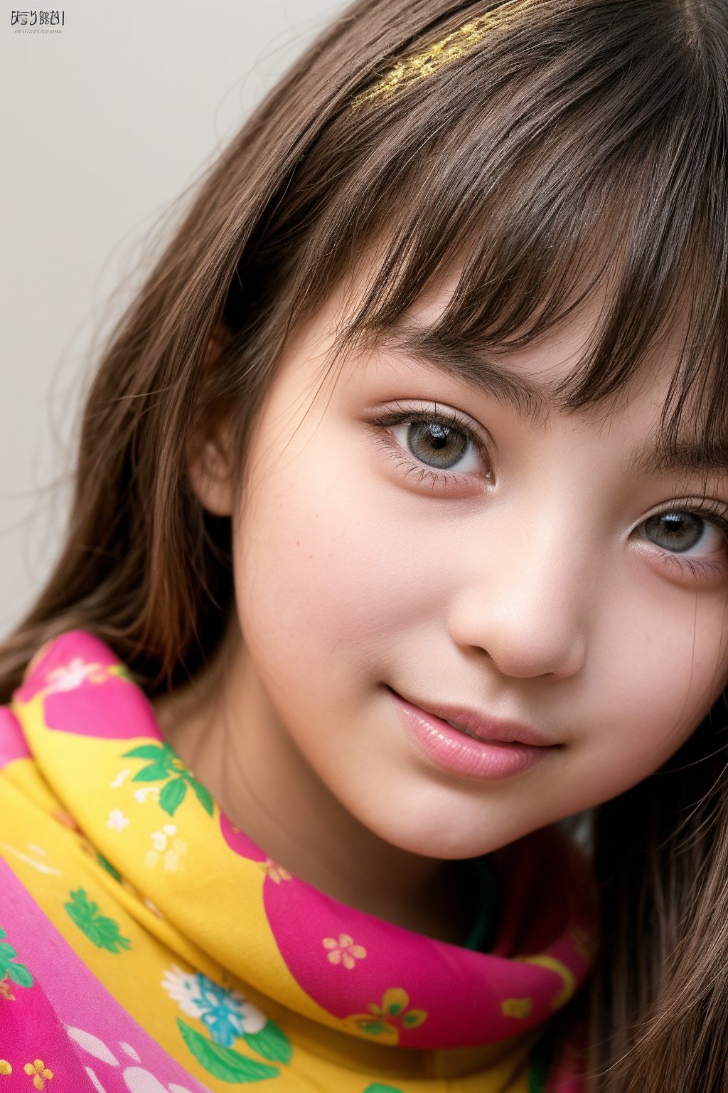 Front and center, an 11-year-old gem shines in vibrant Asian-inspired attire. The camera captures her from head to toe, showcasing the bright colors and playful patterns of her outfit. Her beautiful face, with its delicate features, is lit by a soft, warm glow, emphasizing her striking eyes and radiant smile. Framed against a neutral background, the focus remains on this captivating tween, who exudes innocence and charm in equal measure.