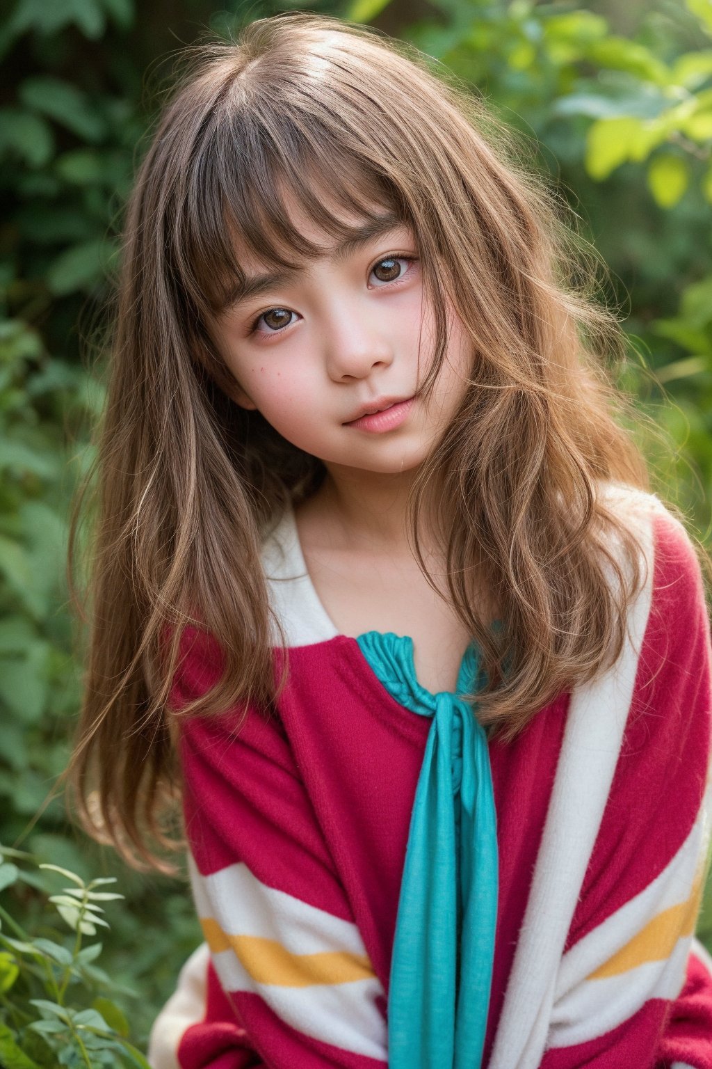 A stunning 11-year-old tween girl poses confidently in a full-body shot, surrounded by vibrant colors and playful Asian-inspired attire. Her beautiful face, with piercing eyes and rosy cheeks, shines like a ray of sunshine against the bright hues of her outfit. The 8K resolution and HDR lighting render every detail with precision, from the intricate patterns on her clothing to the softness of her skin. Masterpiece-quality brushstrokes bring this hyper-realistic portrait to life, inviting viewers to step into the whimsical world of childhood innocence.