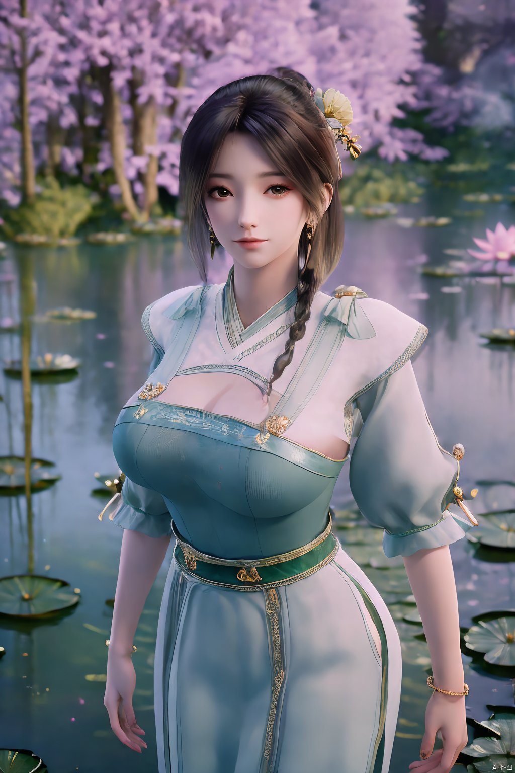 masterpiece,(best quality),(makeup),official art, extremely detailed cg 8k wallpaper,((crystalstexture skin)), (extremely delicate and beautiful),(highly detailed),(1girl), (solo), (jewelry), (earrings),(long_hair),(black_hair),(hair_ornament),(handwear),(breasts),(standing),(braided_hair:1.000),,(upper_body),((dress,skirt)),(multicolored_clothes),(multicolored_dress),(chinese_clothes),(adapted_costume),((closed_mouth)),(sleeves),,(sunshine, outdoor),((looking_at_viewer)),((Facing the camera)),Xzhouxiaohuan,(big breasts:1.89),,(A pond full of lotus flowers:1.5),Xjitanyin